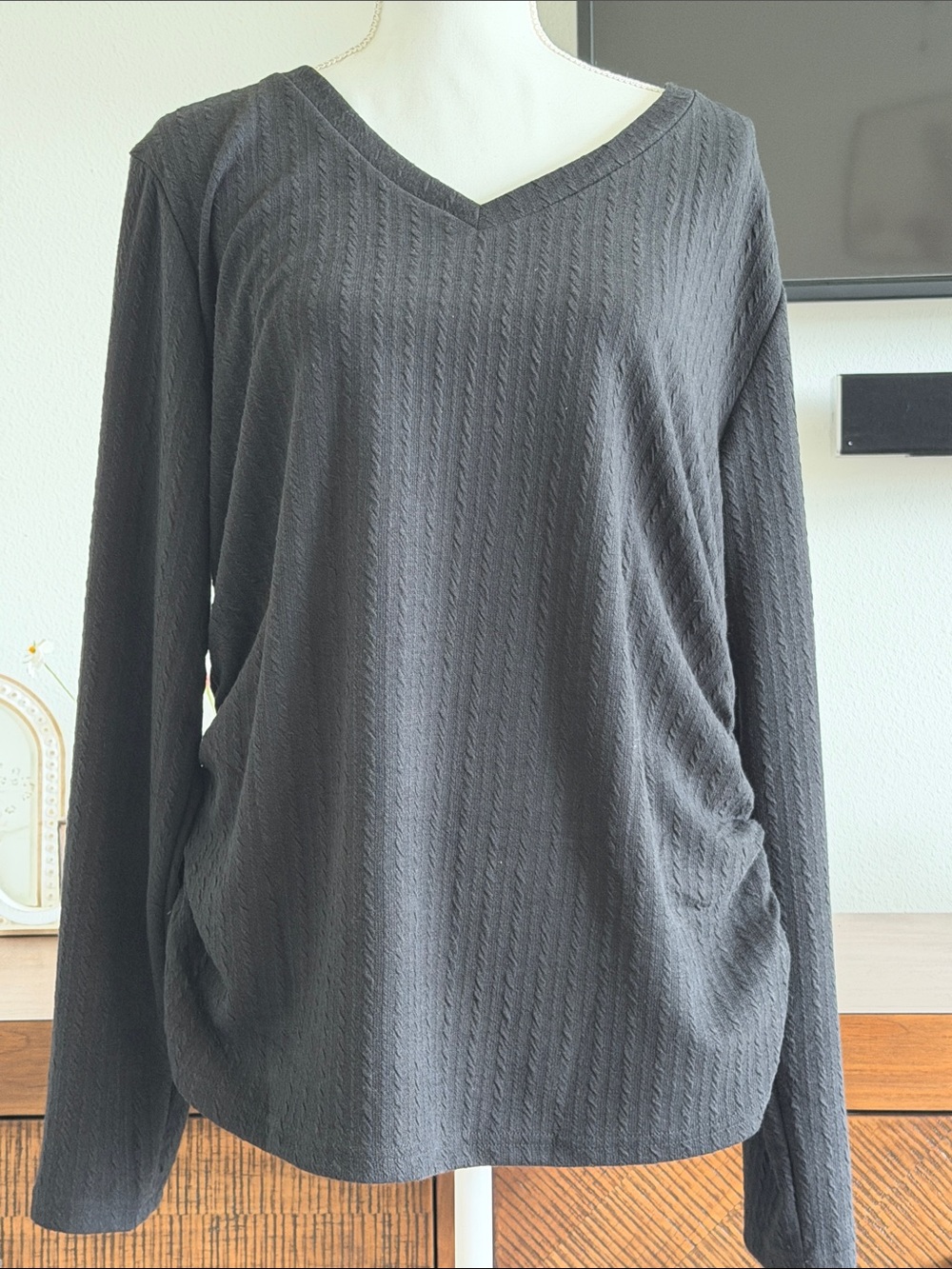 Women's Black V-Neck Long Sleeve Rushed Top